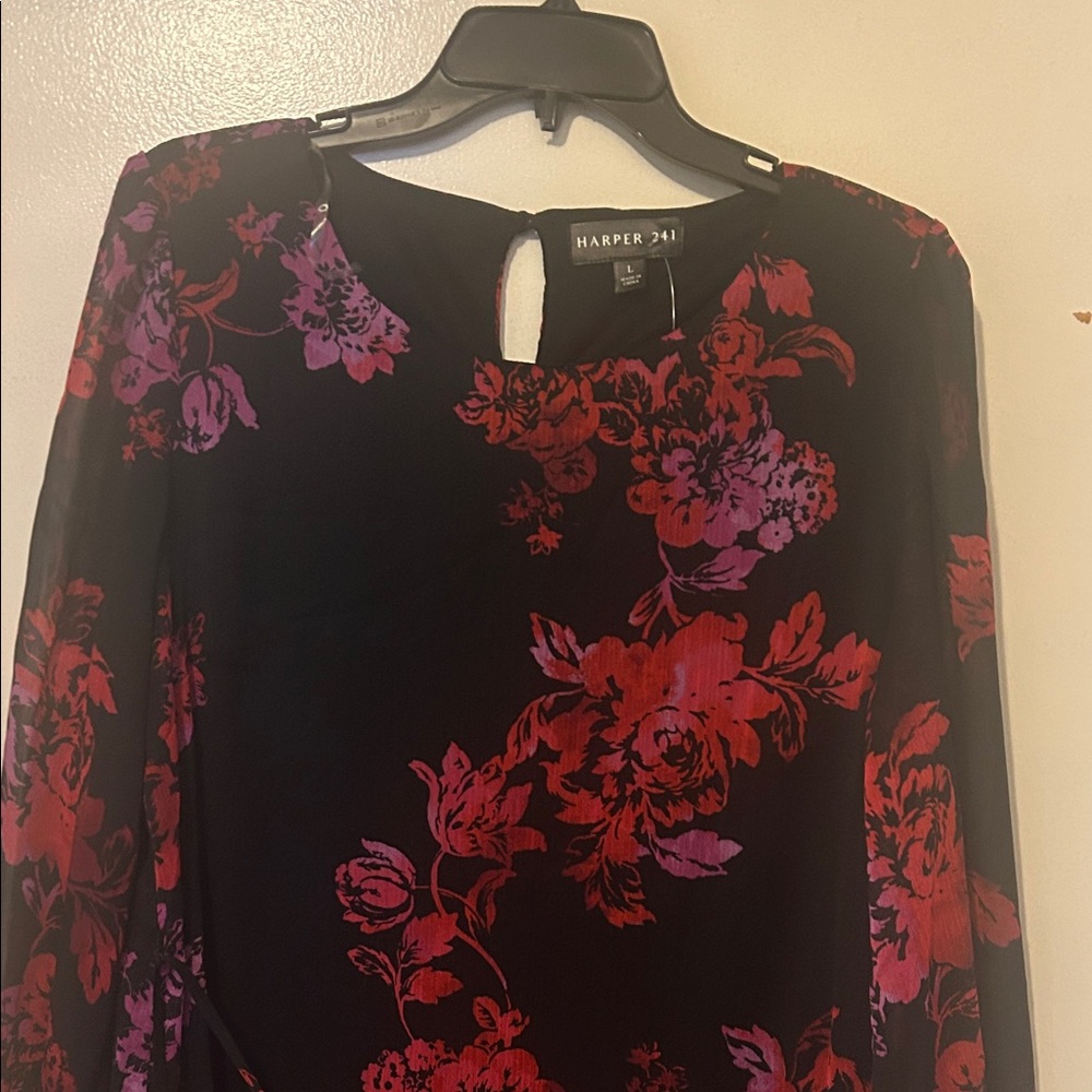 Harper Black Dress with Red Floral Design